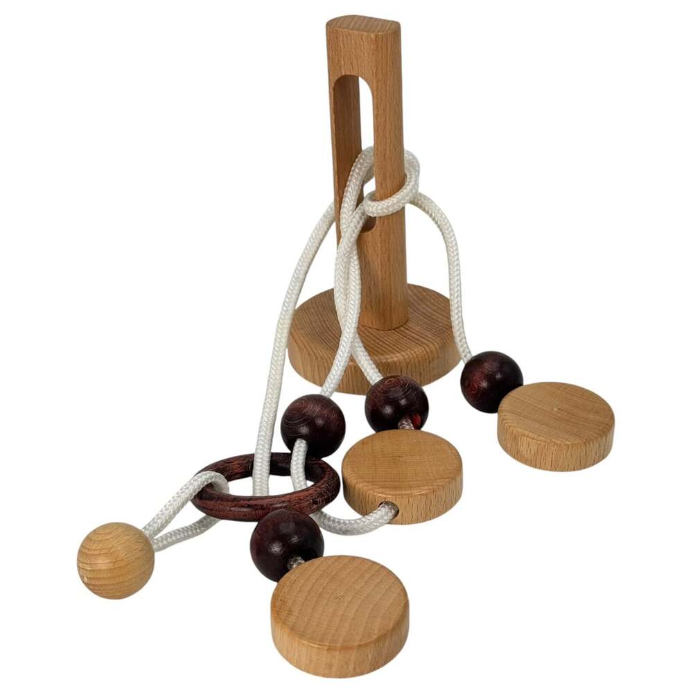 Wooden Brain Teaser Puzzle Game Rope Ring Beads Pucks